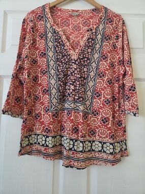 Lucky Brand Red, Navy & Cream Printed V-Neck Tunic